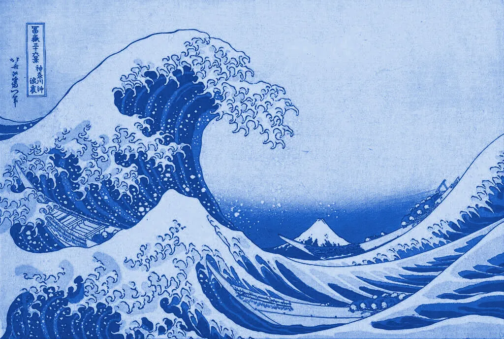 Une vague, estampe dans des tons bleus